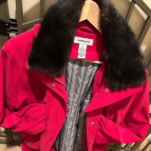 Westbound Red hooded Jacket with Gray Lining that is removable along with hood!